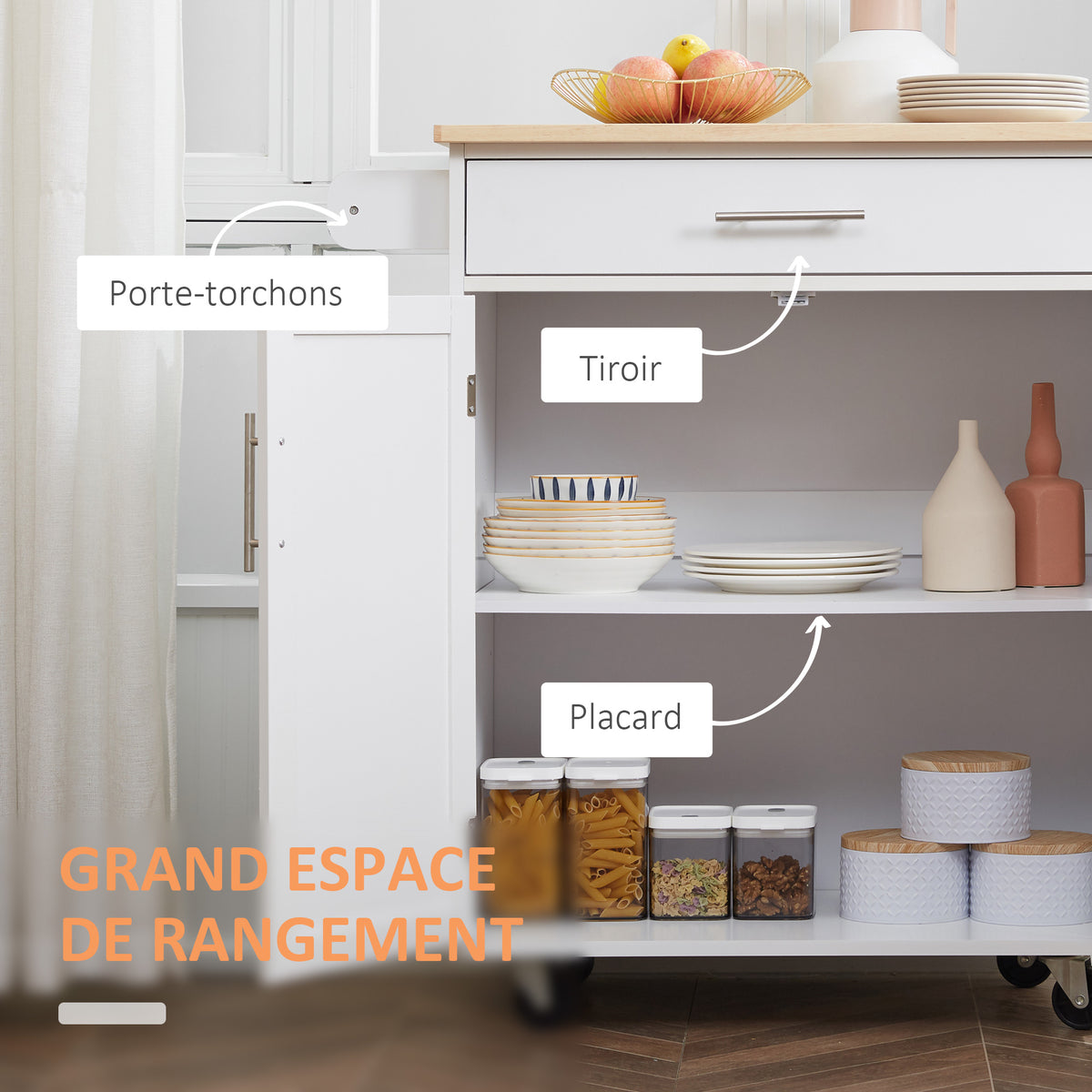 Desserte de cuisine sur roulettes chariot de service Ilot de cuisine avec tiroir de placard et porte-torchons - blanc-3