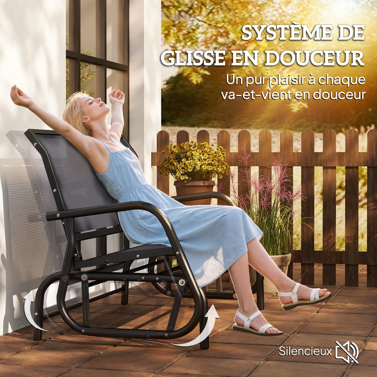Banc à Bascule de Jardin 2 Places Design Contemporain Grand Confort accoudoirs Assise, Dossier Ergonomique Acier textilène Gris-3