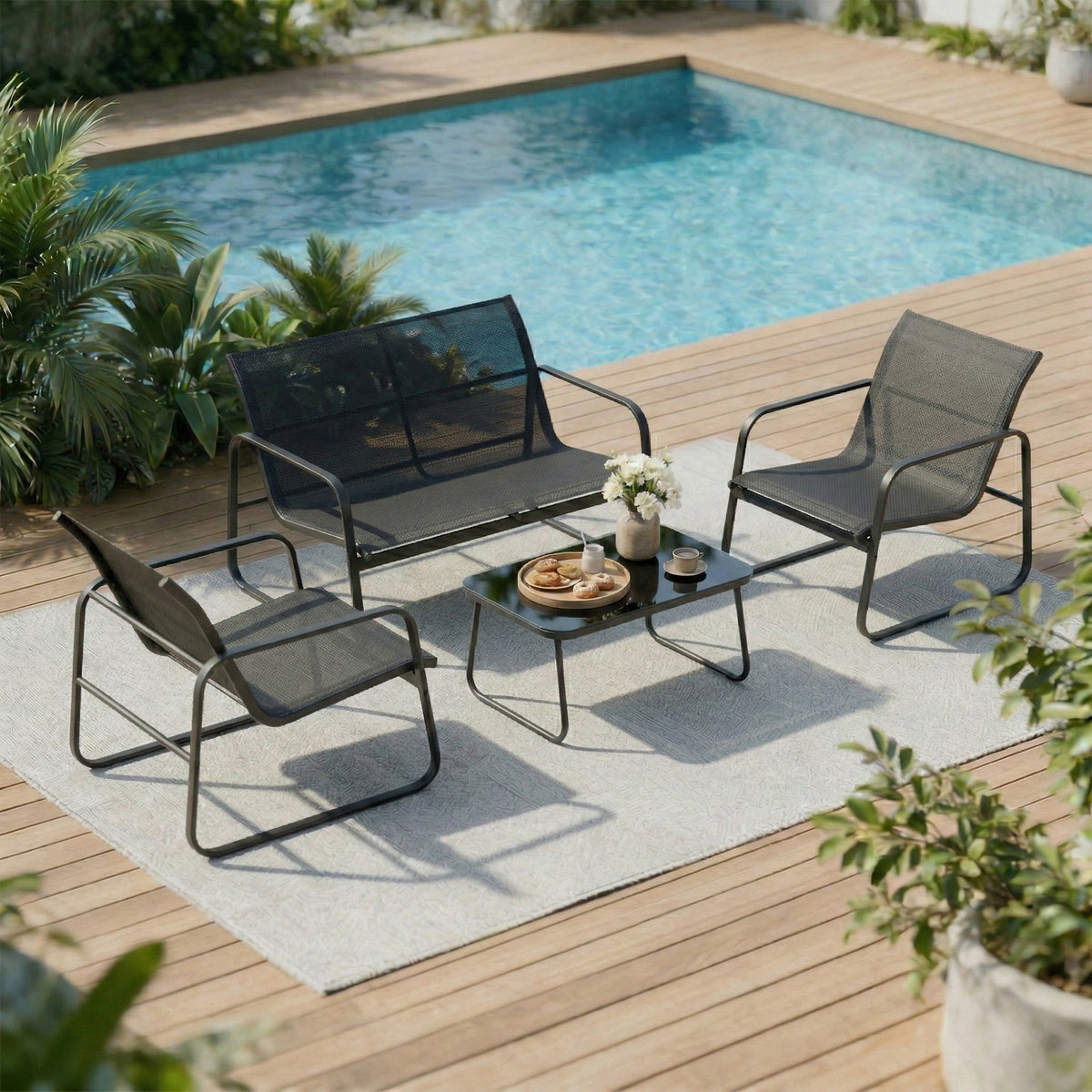 Salon de jardin 4 pièces avec canapé, fauteuils et table basse, gris foncé et noir-1