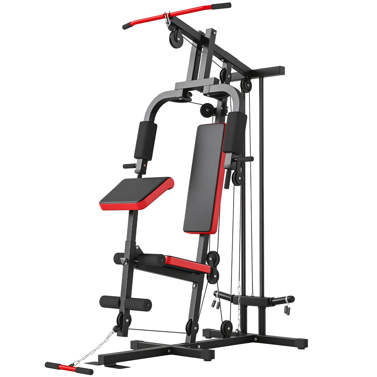 Station de Musculation Multifonction à Disques Libres, avec Banc Amovible, 136x107x205cm, Noir et Rouge-0