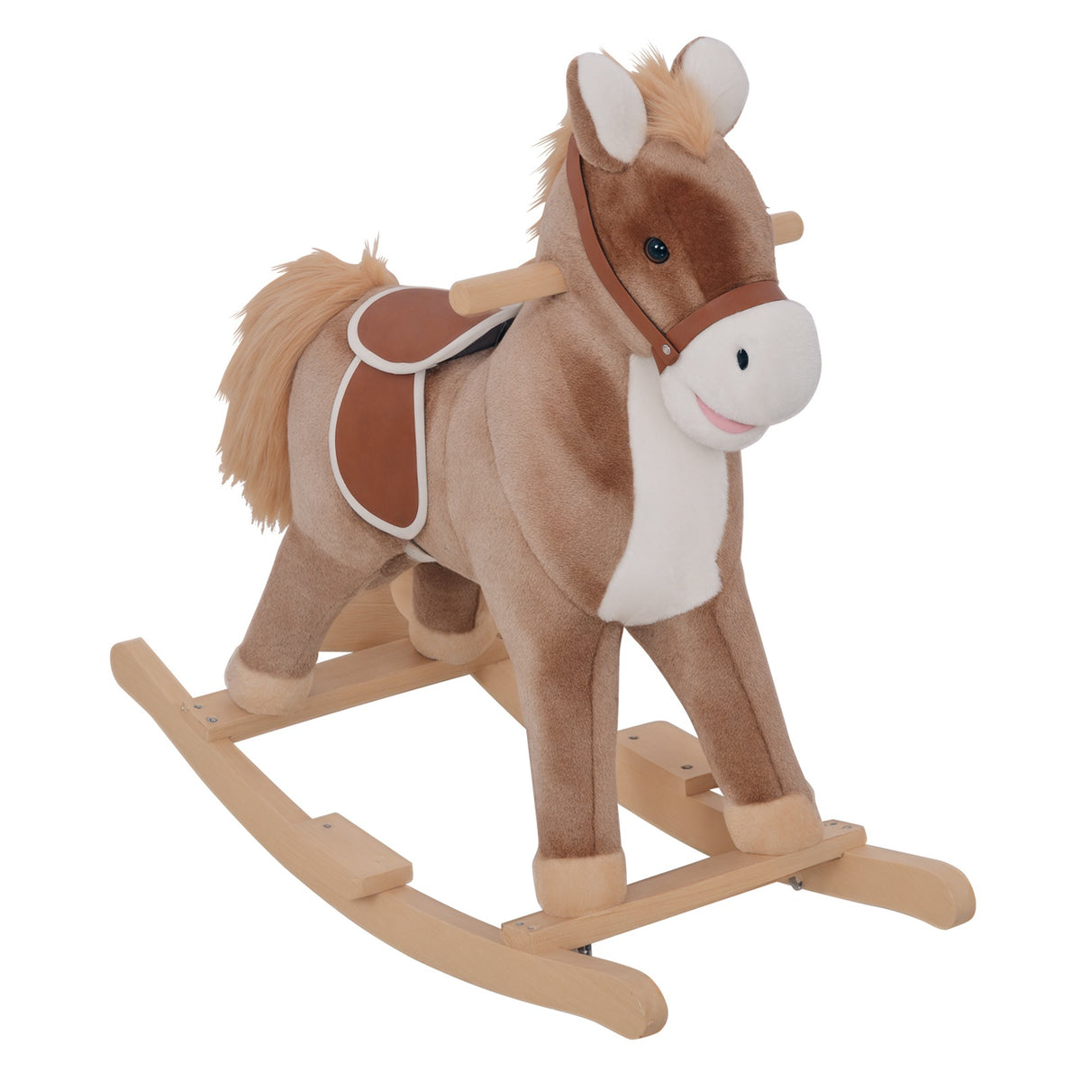 Cheval à Bascule Cheval de Cowboy Selle Grand Confort pour Enfants de 36+Mois Peluche Courte Douce Bois peuplier Charge 40 Kg Marron-0