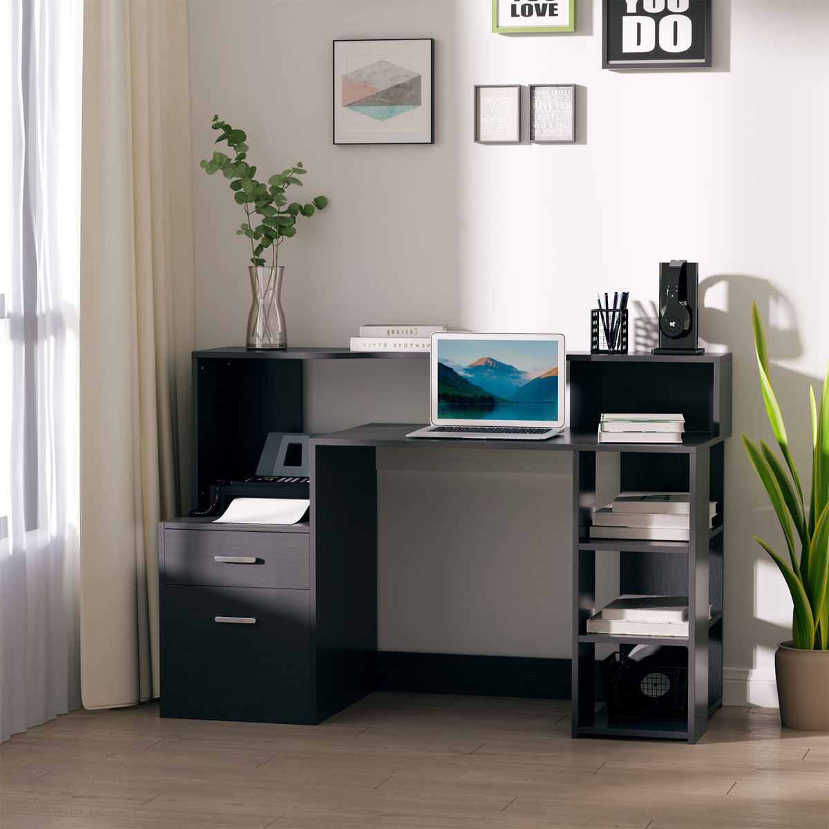 Bureau informatique avec 2 tiroirs, bureau avec rangement, 137 x 55 x 92 cm, étagères ouvertes et tablette d'imprimante, style moderne, table d'ordinateur pour chambre, studio, noir-1