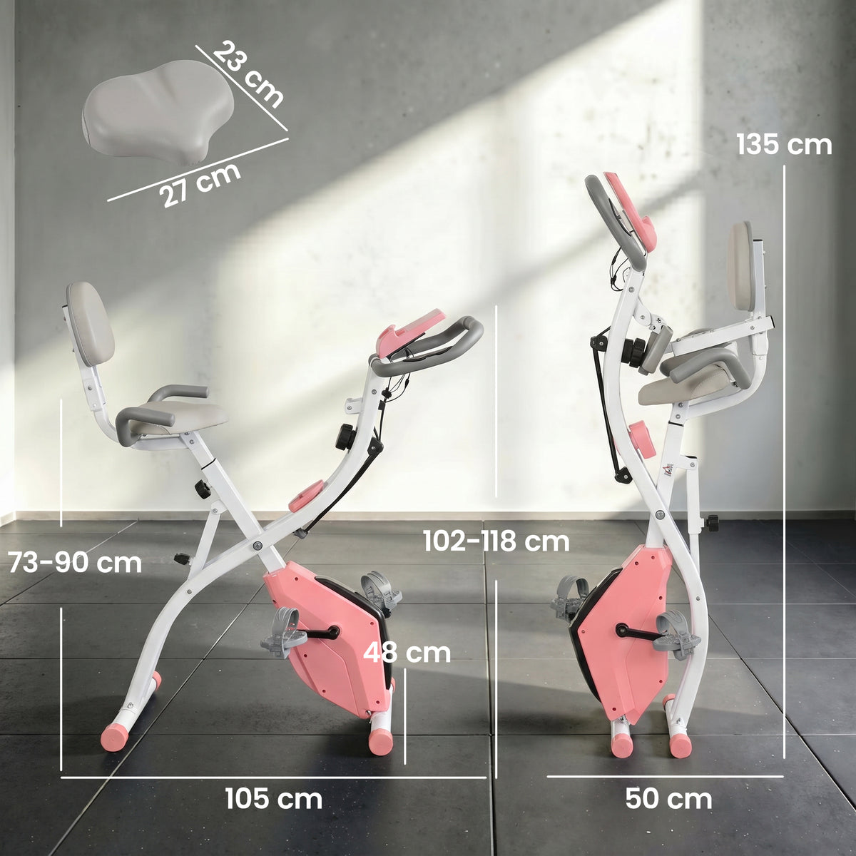 Vélo d'Appartement Pliable 4-en-1 - Ergomètre Magnétique Silencieux avec Cordes de Résistance - Sport Maison et Cardio-training avec Roulettes, Selle Confort et LCD (Max 120kg), Rose-2