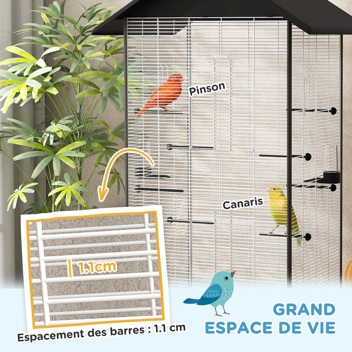 Cage oiseau sur pied volière oiseaux intérieure sur roulettes 2 mangeoires 8 perchoirs 79 x 65 x 155 cm fil d'acier noir-3