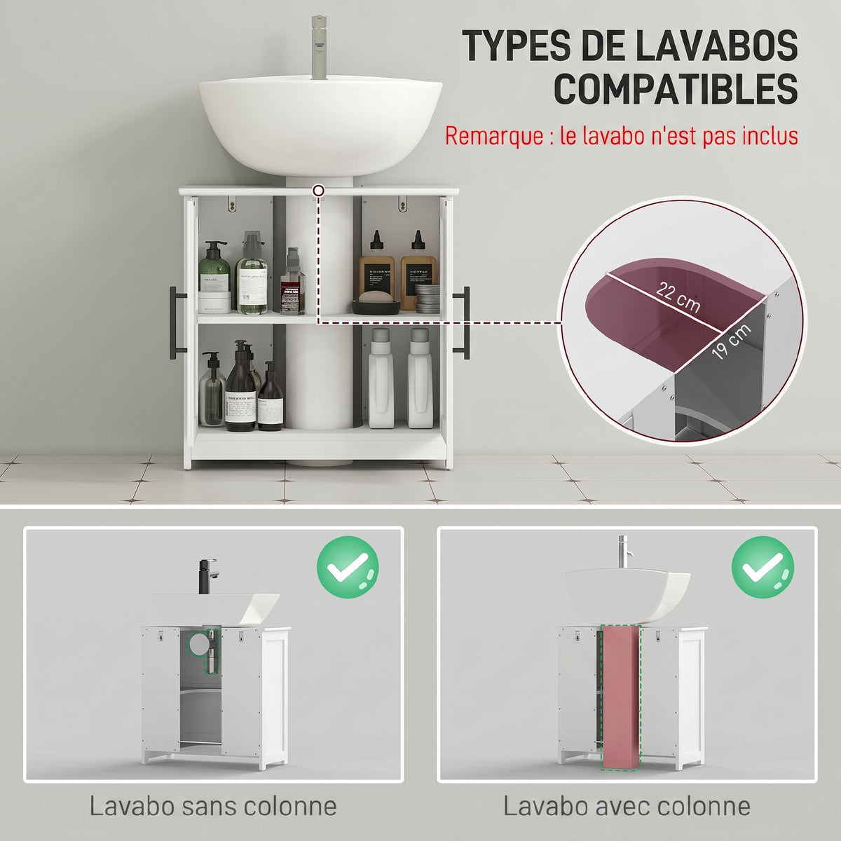 Meuble sous lavabo, meuble de salle de bain avec 2 portes magnétiques style grange et étagères, 60 x 30 x 60 cm, blanc-3