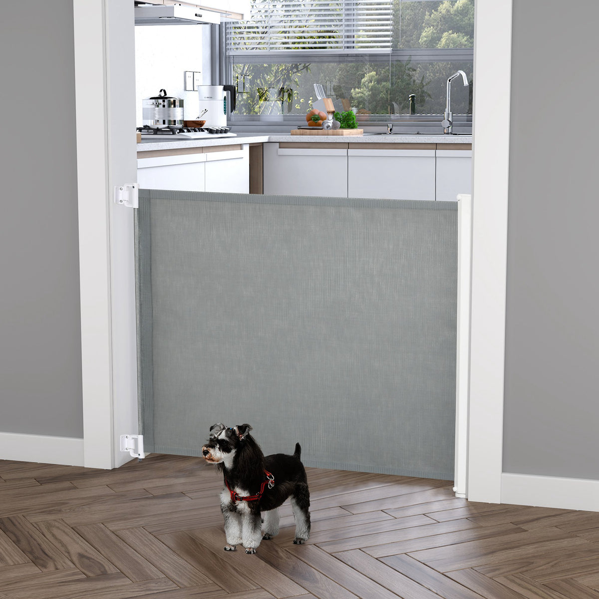 Lot de 2 barrières de sécurité barrière animaux rétractable automatique 1,15L x 0,83H m textilène acier  gris-1