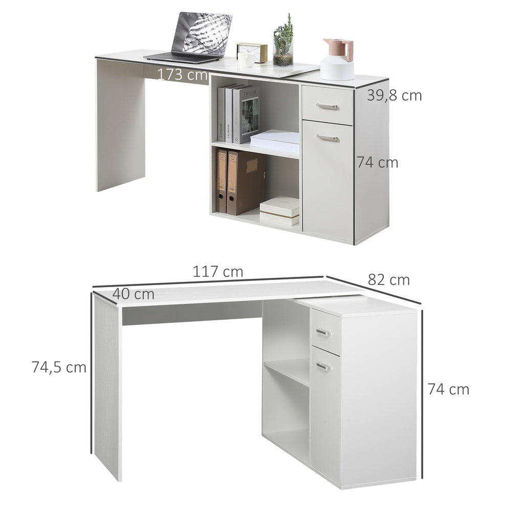 Bureau d'angle rotatif à 180°, bureau d'ordinateur, bibliothèque, tiroir, placard, poste de travail, 117x82x74cm, blanc-2