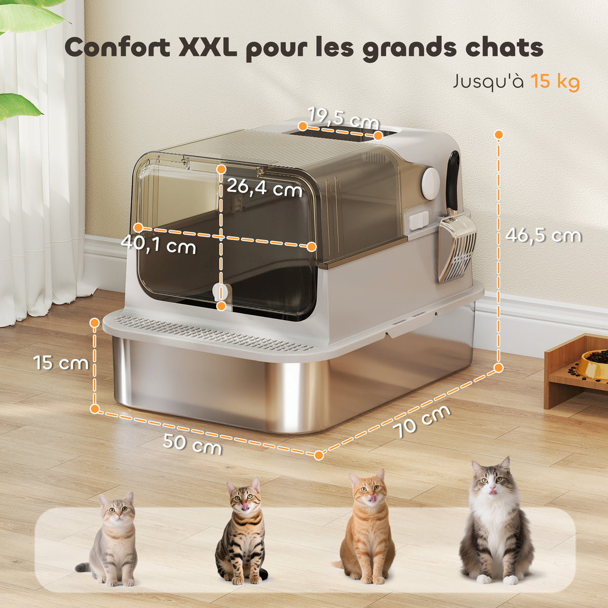 Maison de Toilette pour Chat XXL en Inox, Couvercle 90°, Double Porte, Filtre Frontal, Pelle, 70x50x46,5cm, Gris-2