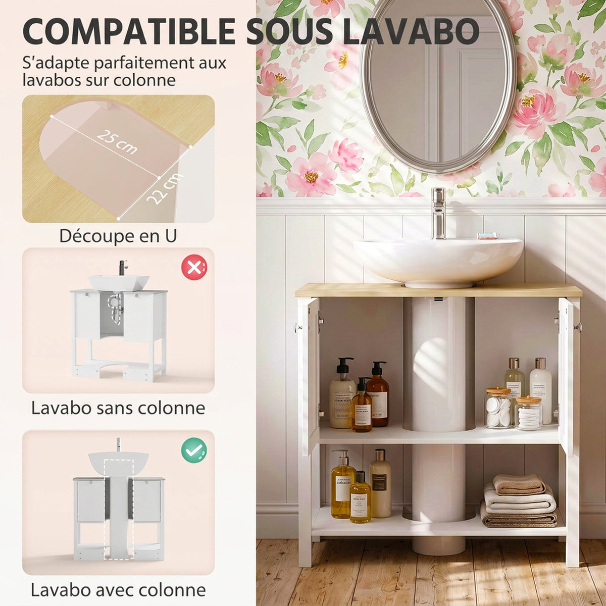 Meuble sous lavabo, meuble de salle de bain moderne avec 2 portes, étagère ouverte, découpe en U, 80 x 40 x 80 cm, blanc-3