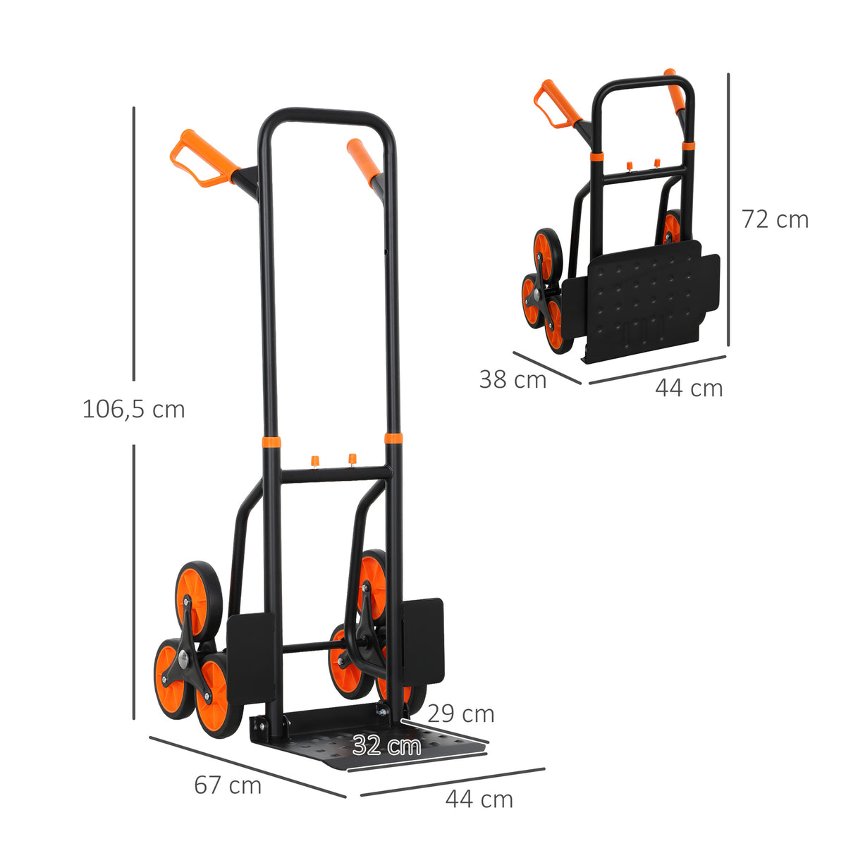 Diable d'escalier pliable 120 kg 6 roues, diable demenagement en acier avec cordes télescopiques, 44x67x106,5cm, orange-2