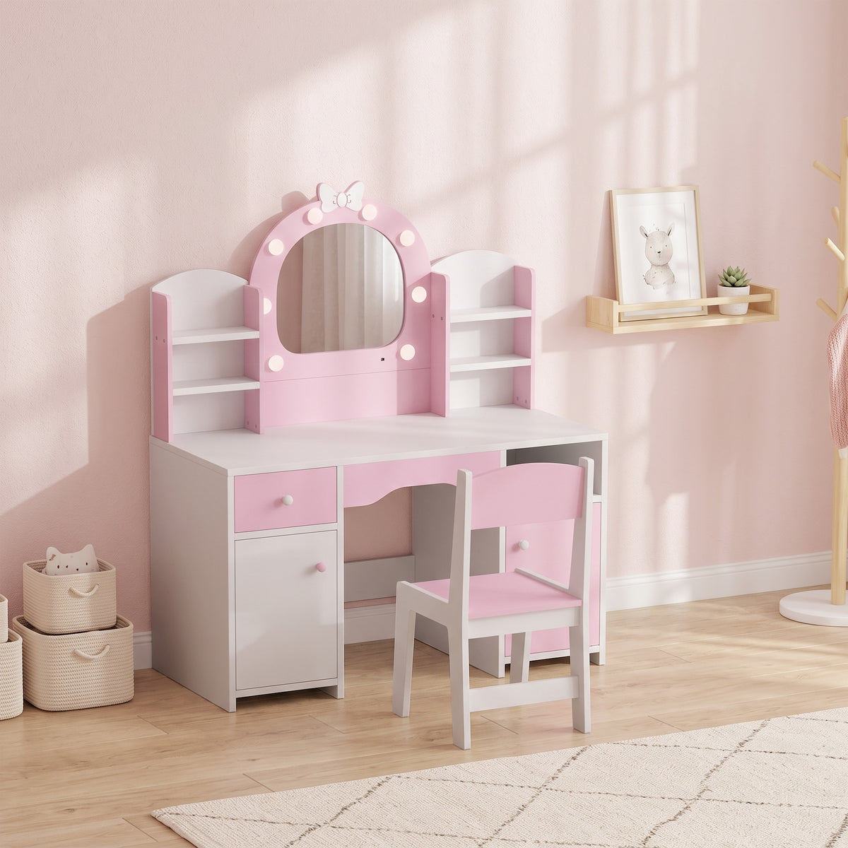 Coiffeuse pour Enfants avec Tabouret et Miroir Lumineux à 2 Couleurs en Acrylique, pour 3-8 Ans, 90 x 41 x 104 cm, Rose-1