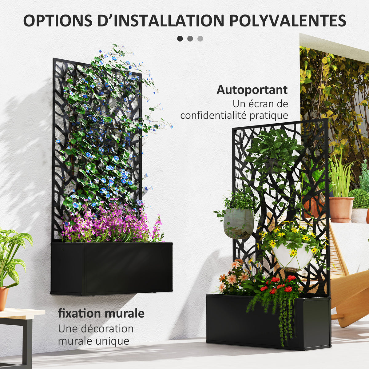 Jardinière avec treillis, bac à fleurs pour plantes grimpantes, légumes, fleurs en métal 61 x 23 x 113 cm noir-4