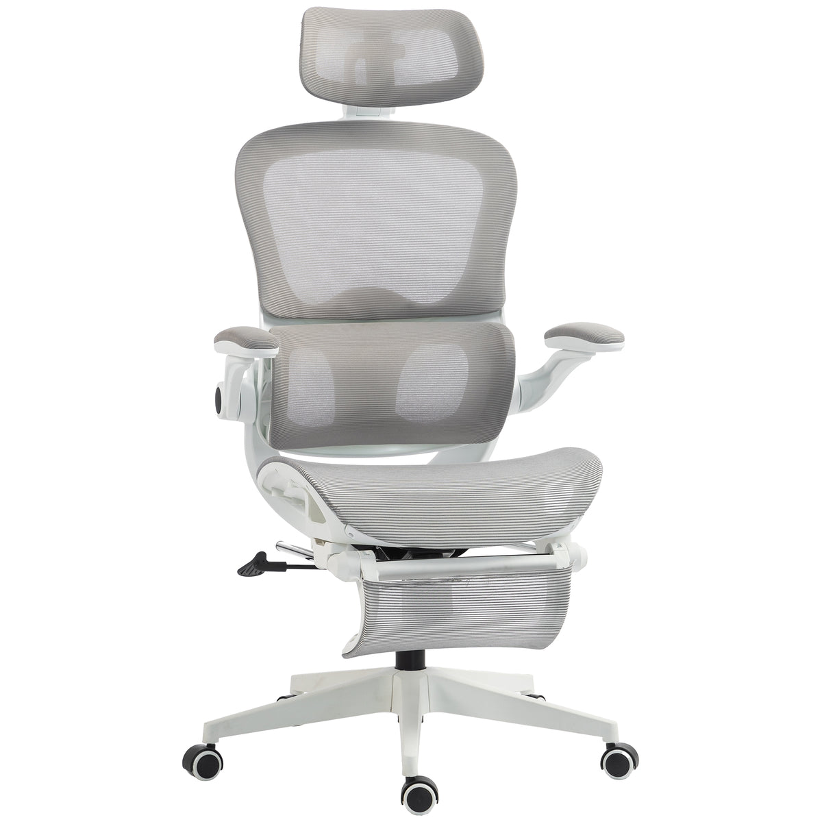 Chaise Bureau Ergonomique Inclinable en Maille, Support Lombaire, Appui-Tête, Accoudoirs Relevables, 62x66x126cm, Gris-0