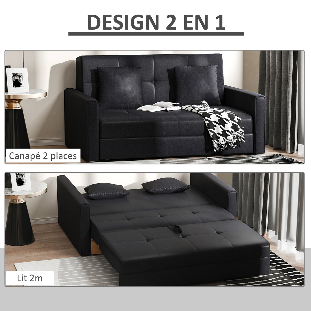 Canapé-lit 2 places convertible 2 en 1 avec 2 coussins et coffre de rangement intégré 152 x 101 x 81 cm gris foncé-3