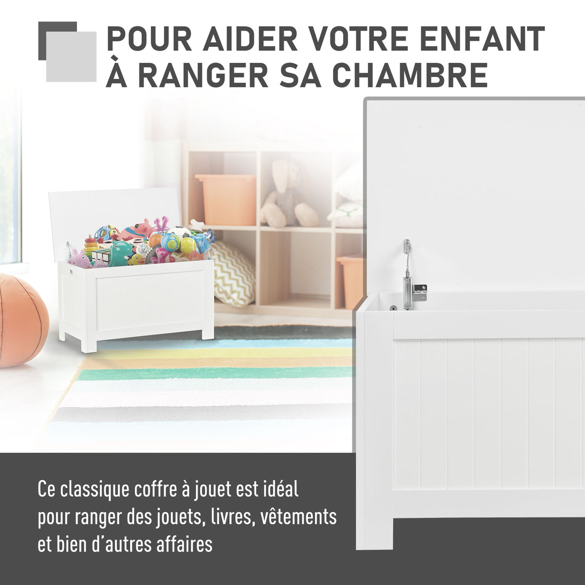 Coffre de Rangement avec Charnières de Sécurité, Boîte de Rangement en Bois, Coffre à Jouets avec Couvercle-3