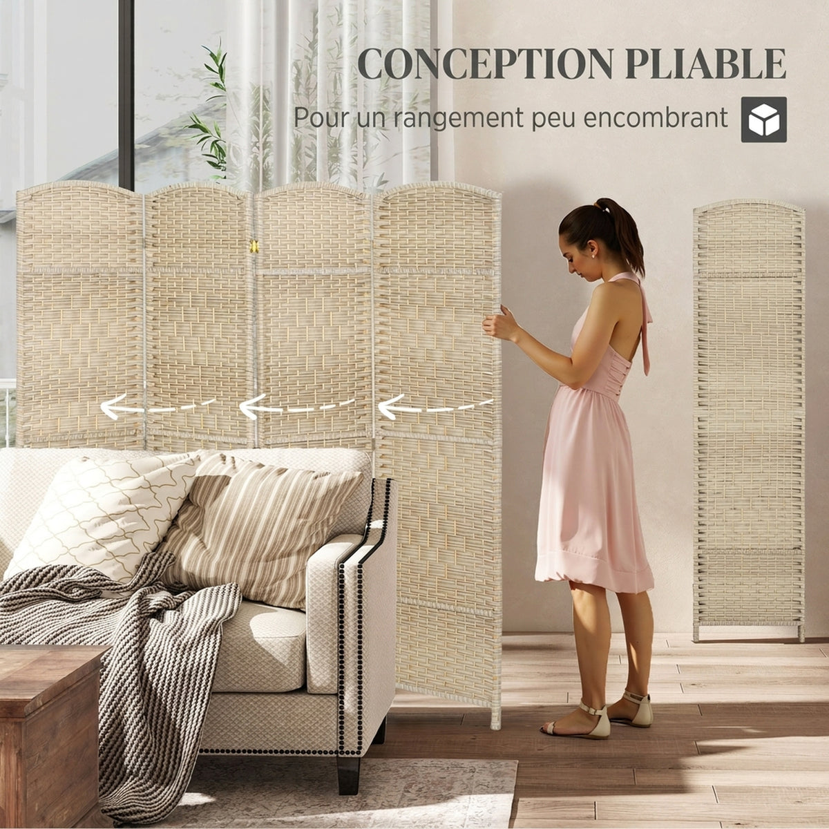 Paravent intérieur en bois 4 panneaux séparateur de pièce pliable pour salon chambre 180 x 180 cm chêne-3