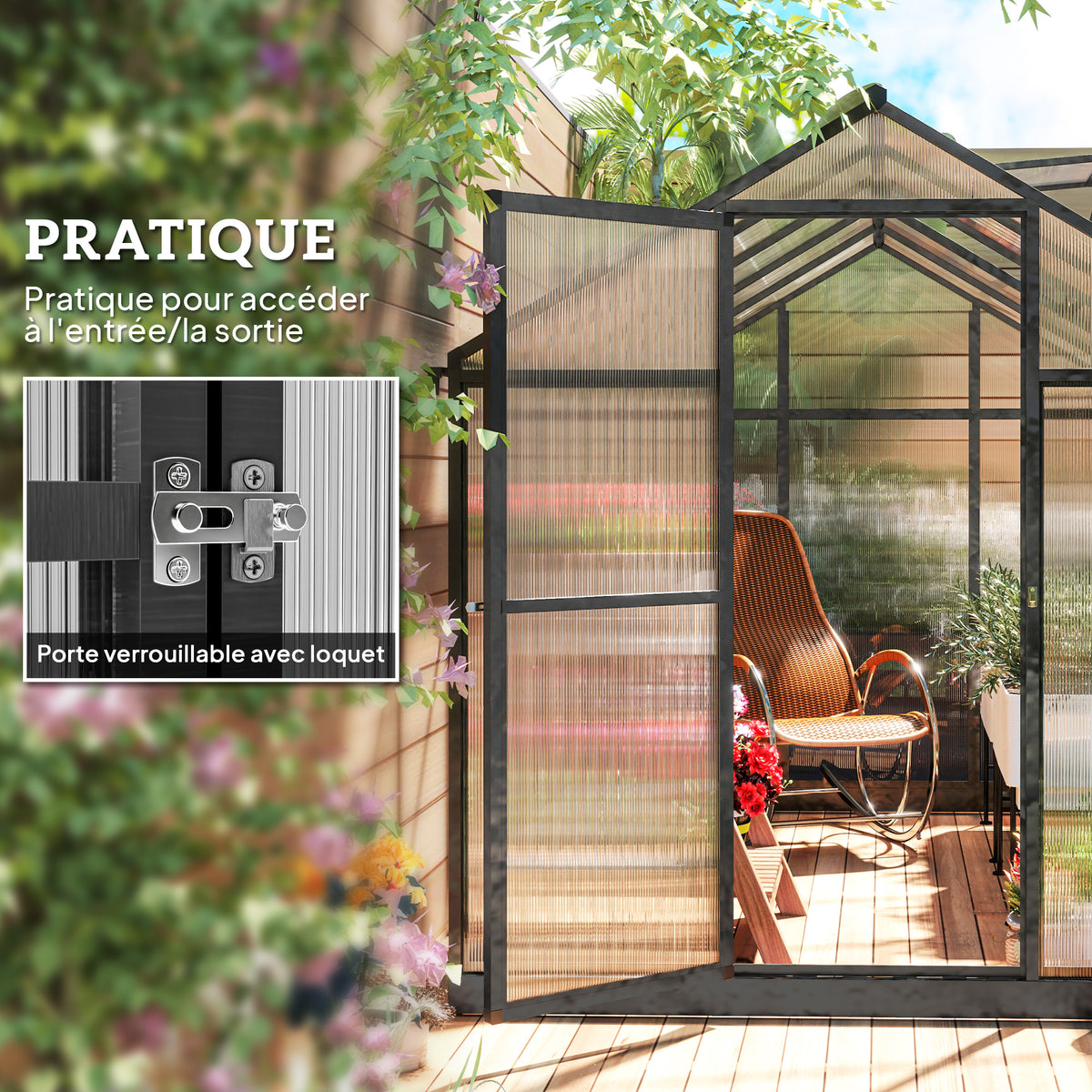 Serre de jardin en aluminium polycarbonate, serre avec fenêtres supérieures réglables 303x183x195cm transparent-4