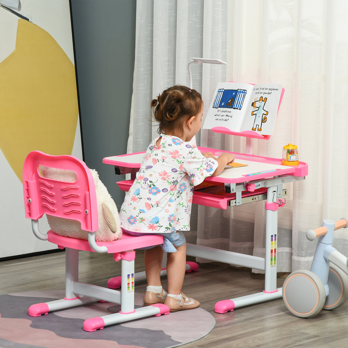 Ensemble chaise et bureau pour enfants avec lampe LED hauteur réglable plateau incliné support de lecture rose-1