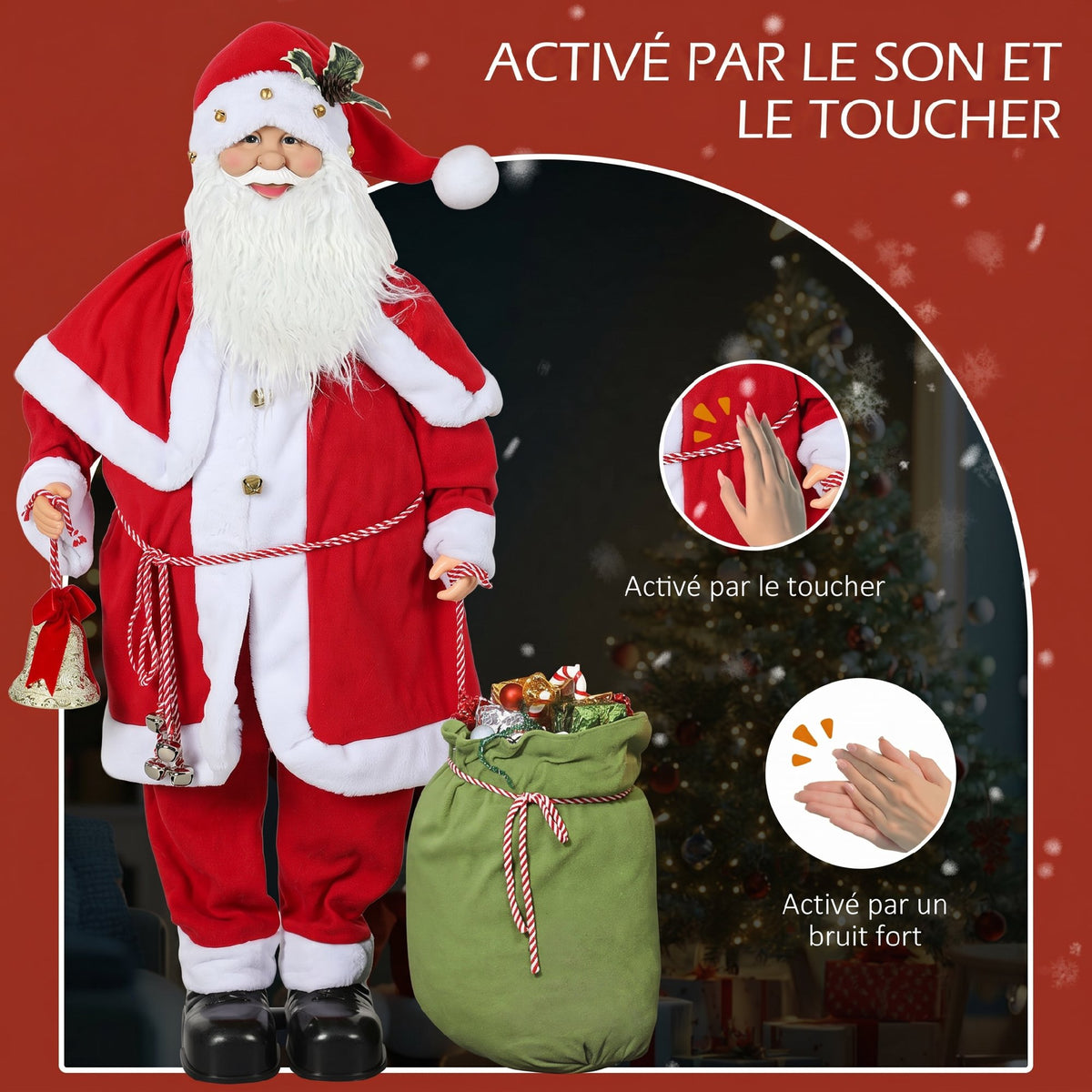 Figurine de Père Noël, Debout de Père Noël Rouge Traditionnelle 140 cm avec Sac de Cadeaux, Effets Sonores et Cloche-3