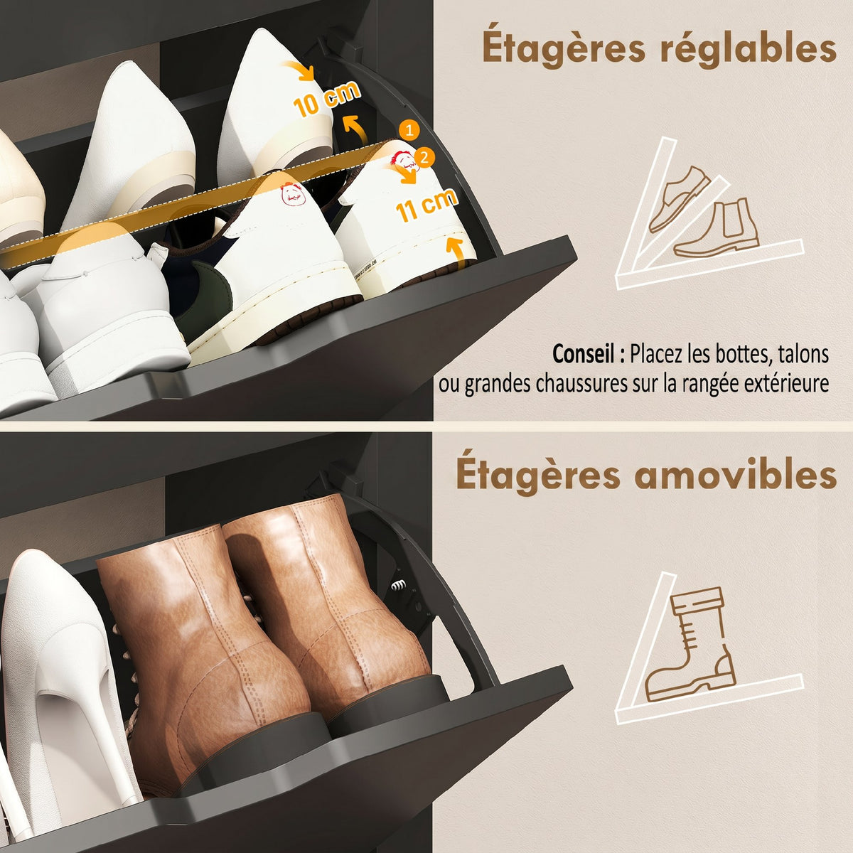 Meuble à chaussures 16 paires, armoire à chaussures avec 4 tiroirs rabattables étagères réglables, noir et bois naturel-5