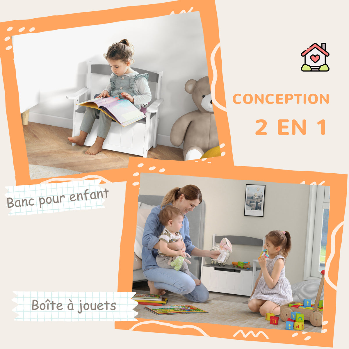 Coffre à jouets pour enfants 2 en 1 et banc avec dossier et accoudoirs - vérin pneumatique 68,5L x 34l x 58H cm-3