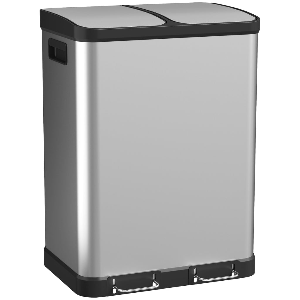 Poubelle de cuisine à double compartiment 2 x 30L avec pédale en acier inoxydable, couvercle à fermeture douce, argent-0