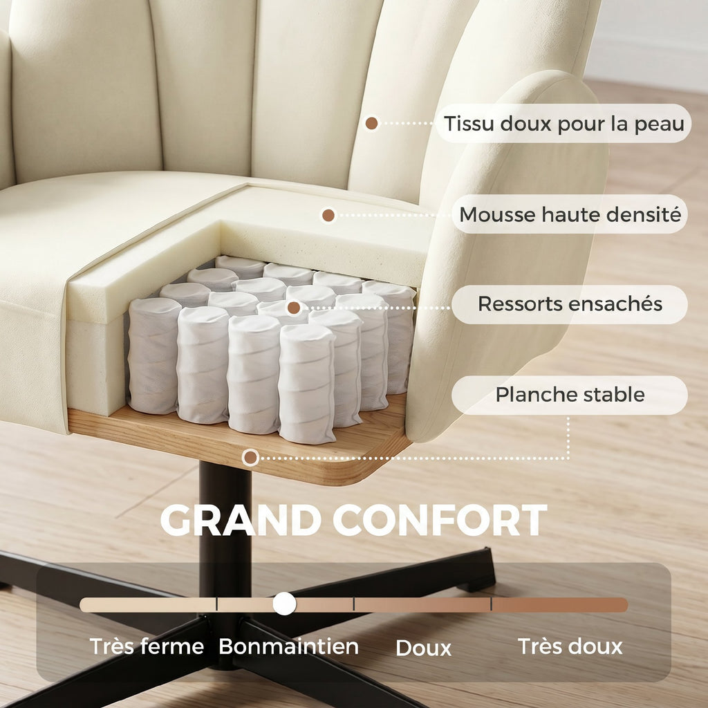 Fauteuil salon pivotant fauteuil d'appoint rembourré en velours dossier en forme de coquille coussin à ressorts beige-5