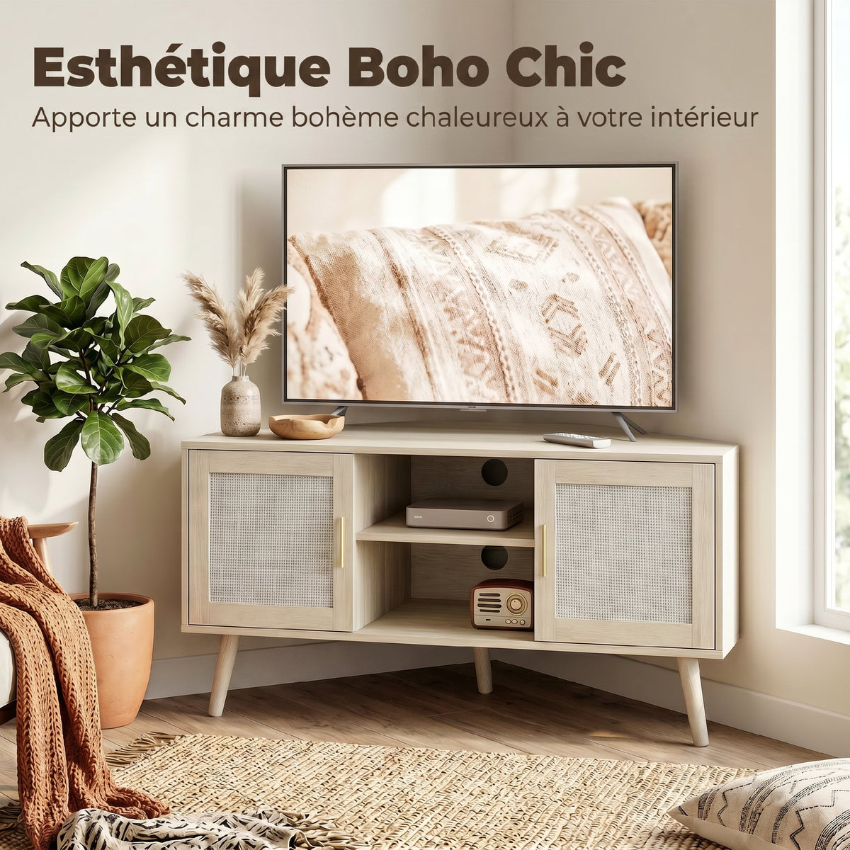 Meuble TV d'Angle 115 cm, Meuble Télé pour Téléviseur jusqu'à 65 Pouces, 2 Portes en Rotin  2 Compartiments, Chêne-4