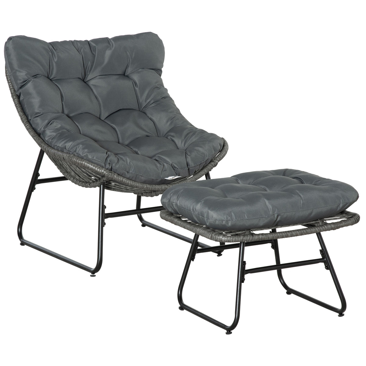 Fauteuil chaise de jardin avec repose-pieds en métal époxy et résine tressée aspect rotin avec coussins-0