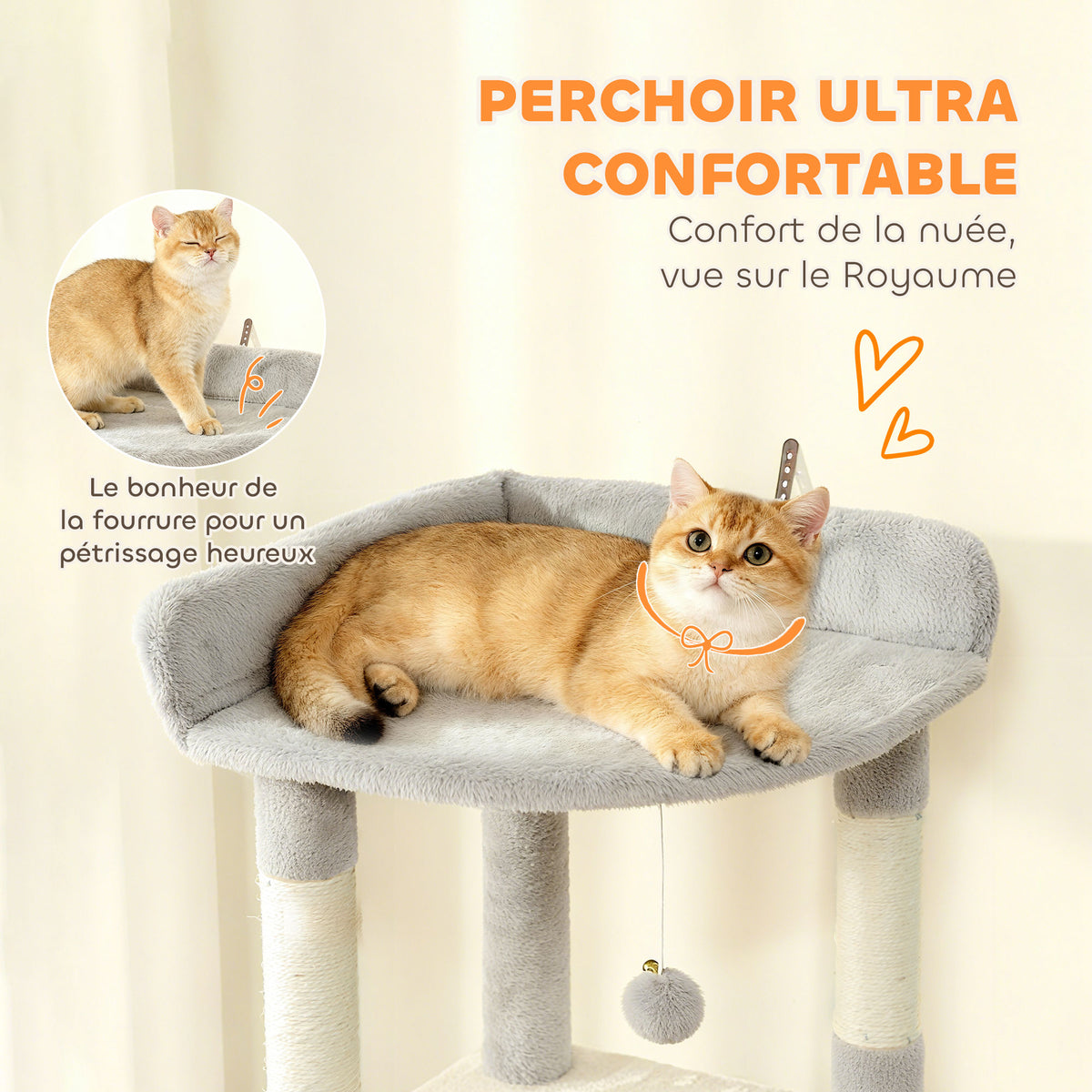 Arbre à chat tour de jeux 7 poteaux à griffer 3 platesformes 2 niches tunnel hamac et 2 pompons 170 cm gris foncé-4