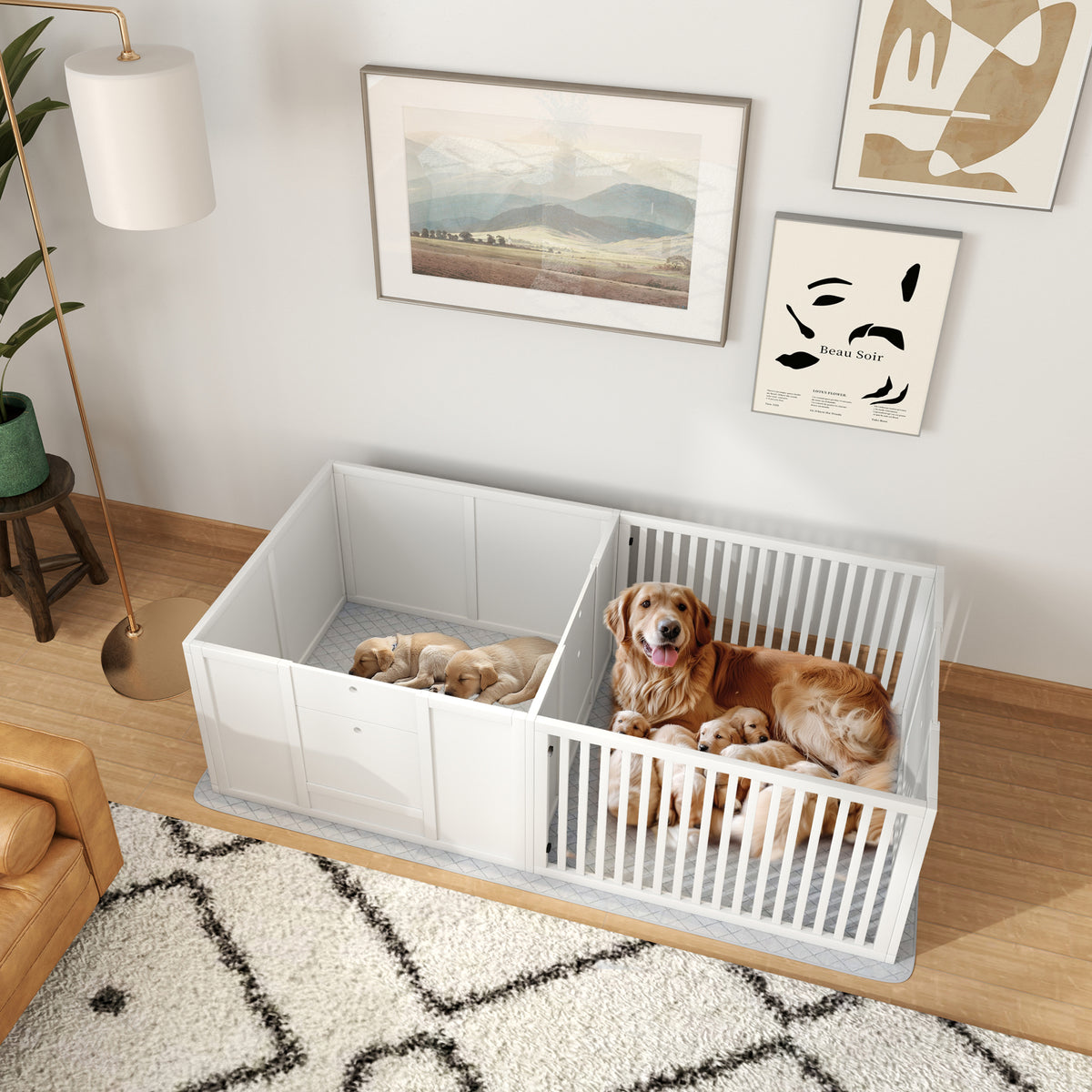 Boîte de mise bas pour chiens et chiots, parc de mise bas pour chiens porte à hauteur réglable 166 x 80 x 50 cm, blanc-1
