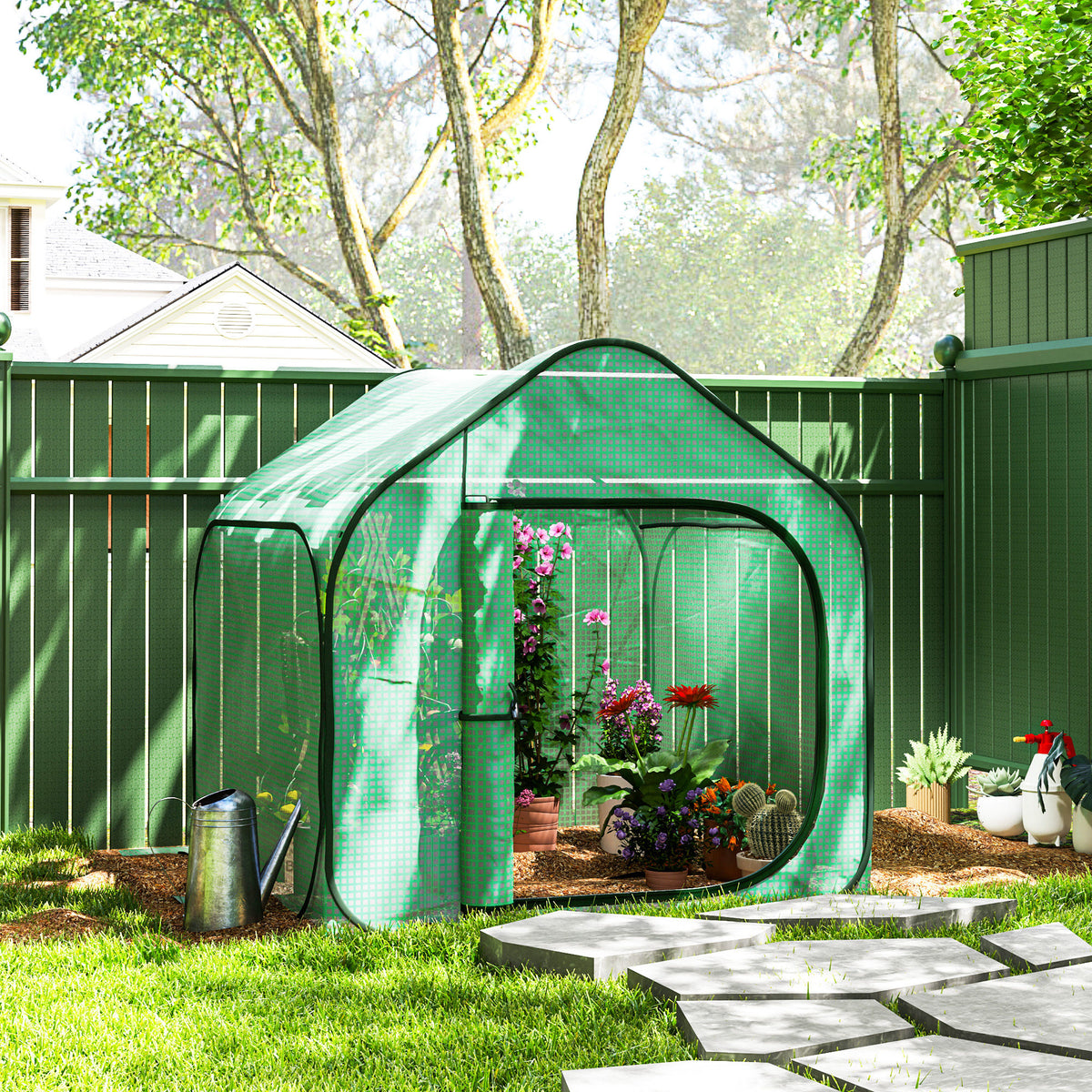 Mini serre pop-up petite serre légumes plante fleurs avec porte à fermeture éclair en PE 150 x 148 x 148 cm vert-9