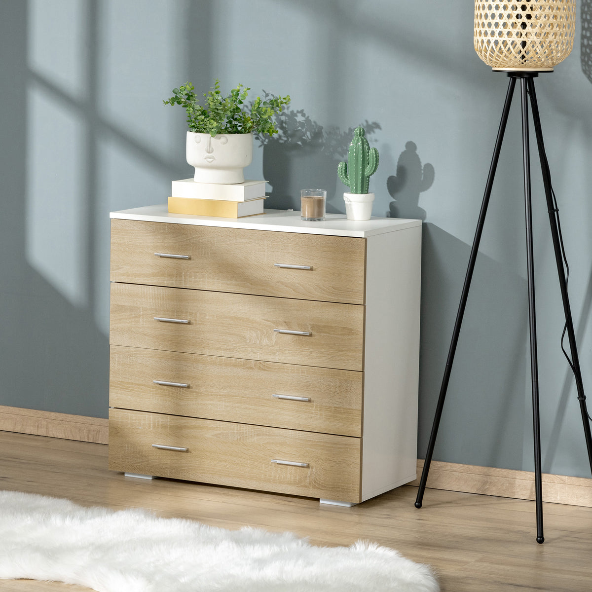 Commode Meuble de Rangement Style Contemporain 4 tiroirs 76 x 35 x 72 cm Blanc et Couleur Bois-5