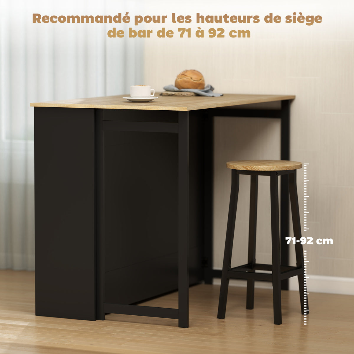 Table de bar extensible avec abattant, table haute cuisine, 1 placard et 4 compartiments ouverts, 116x79,6x90,5cm, noir-5