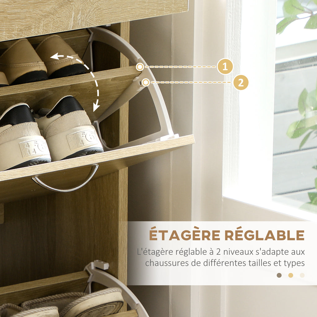 Meuble à chaussures 2 tiroirs et 2 portes abattantes avec étagère réglable 80 x 30 x 91,5 cm poignées alu. naturel-4