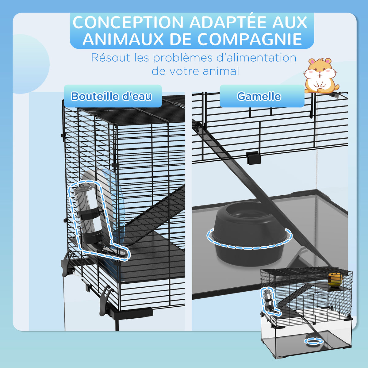 Cage hamster cage rongeur 3 niveaux avec roue rampes maisonnette abreuvoir mangeoire 60L x 40l x 54,5H cm noir-4
