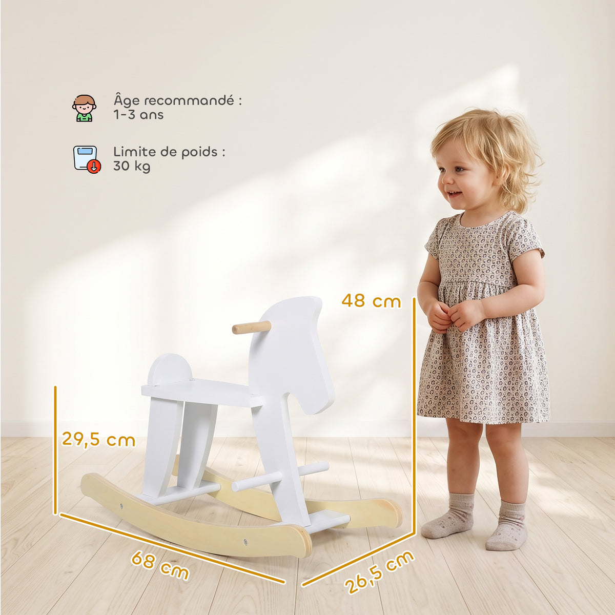 Cheval à Bascule en Bois - Jeu à Bascule Avec Poignées, Repose-Pied et Butées - MDF Contreplaqué Blanc et Bois Naturel-2