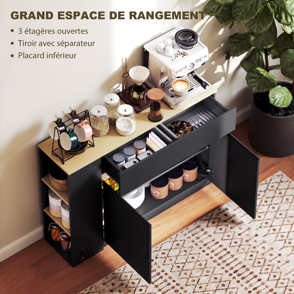Buffet meuble de rangement avec 2 tiroirs 3 étagères ouvertes et placard 2 portes 110 x 29,5 x 82 cm noir-3