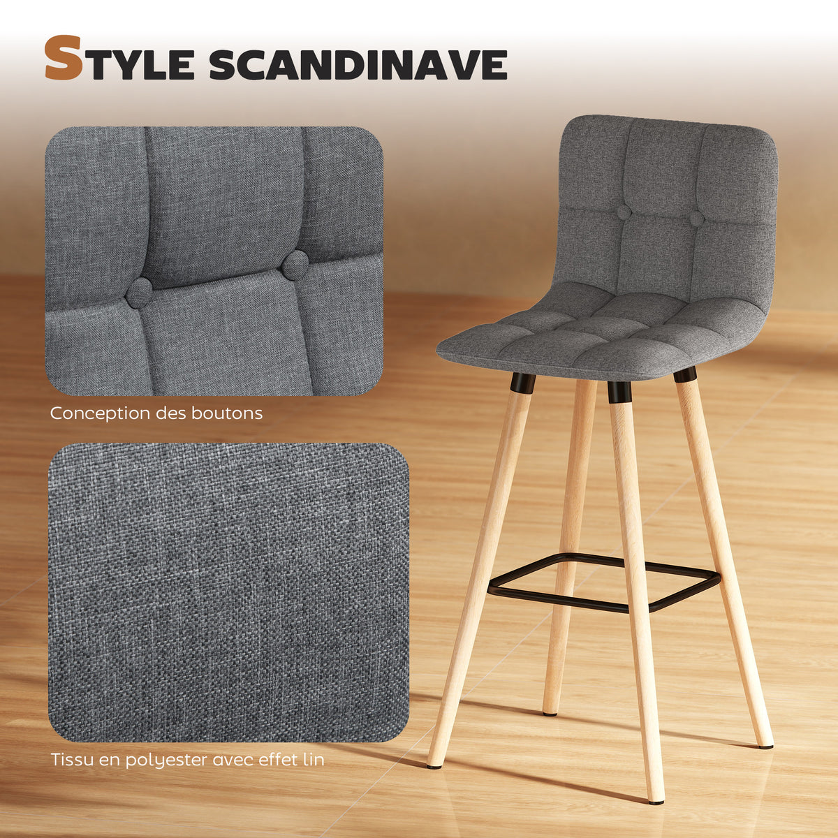 Lot de 2 tabourets de bar, chaises de bar capitonnées avec dossier et repose-pieds, pieds en bois, 41,5x47x97,5cm, gris-4
