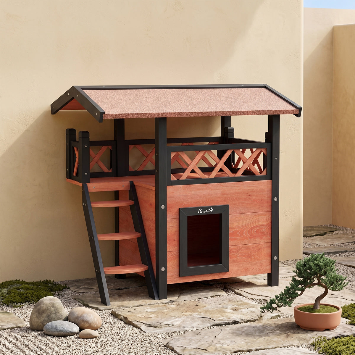 Cabane Chat Extérieur avec Terrasse, Escalier, Toit, Niche Villa, 77 x 50 x 73 cm Marron et Rouge-1