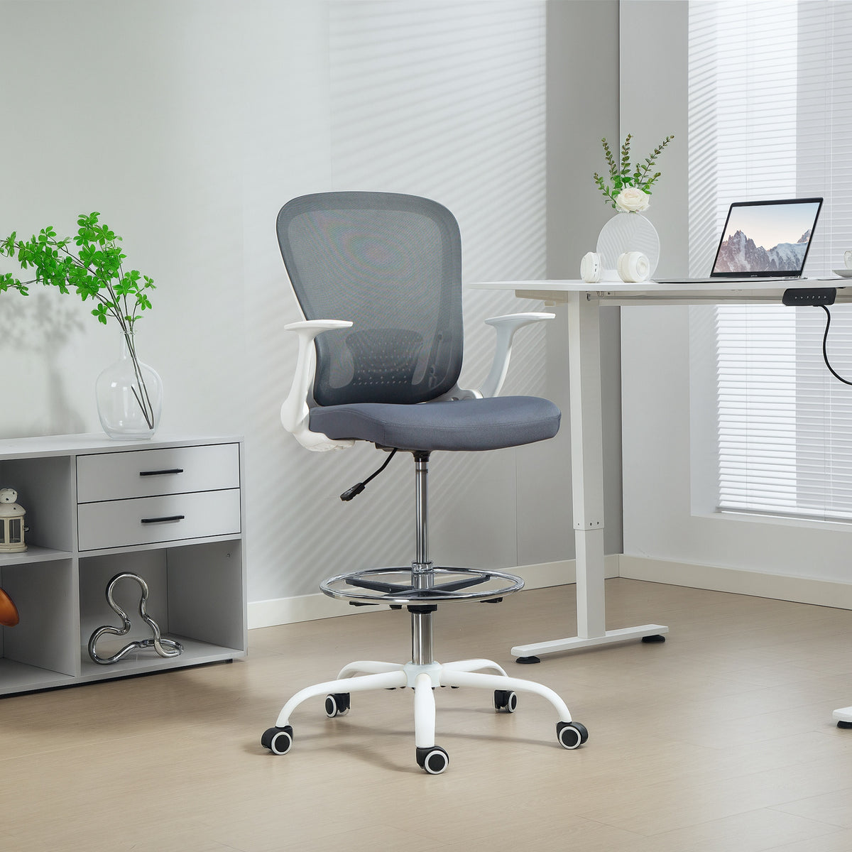 Chaise bureau ergonomique avec repose-pieds ajustable et accoudoirs relevables, hauteur réglable, 59x62x99-119cm, gris-1