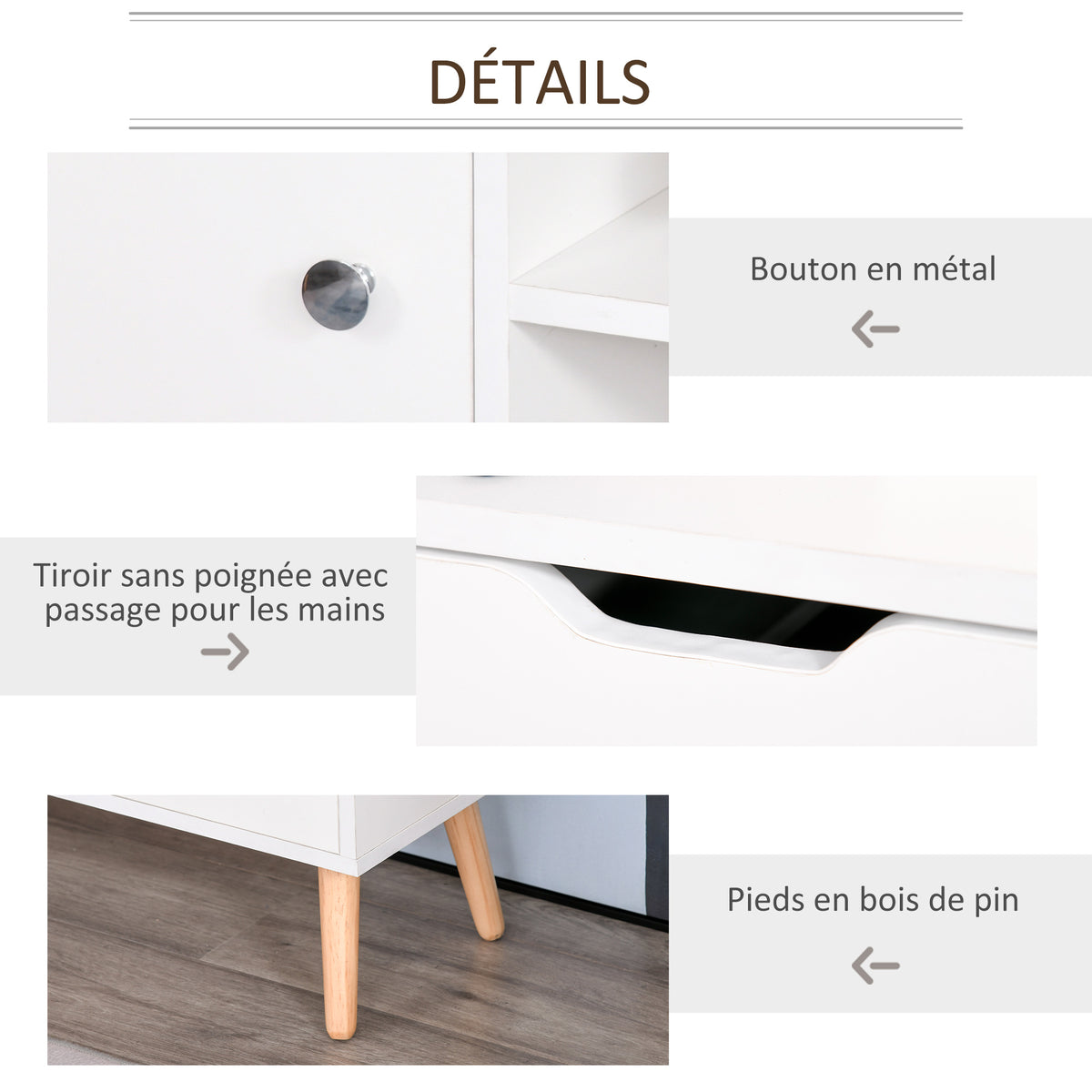 Meuble TV Banc TV Style scandinave Placard 2 niches 2 tiroirs Passe-Fils Panneaux Particules Blanc Bois pin-6