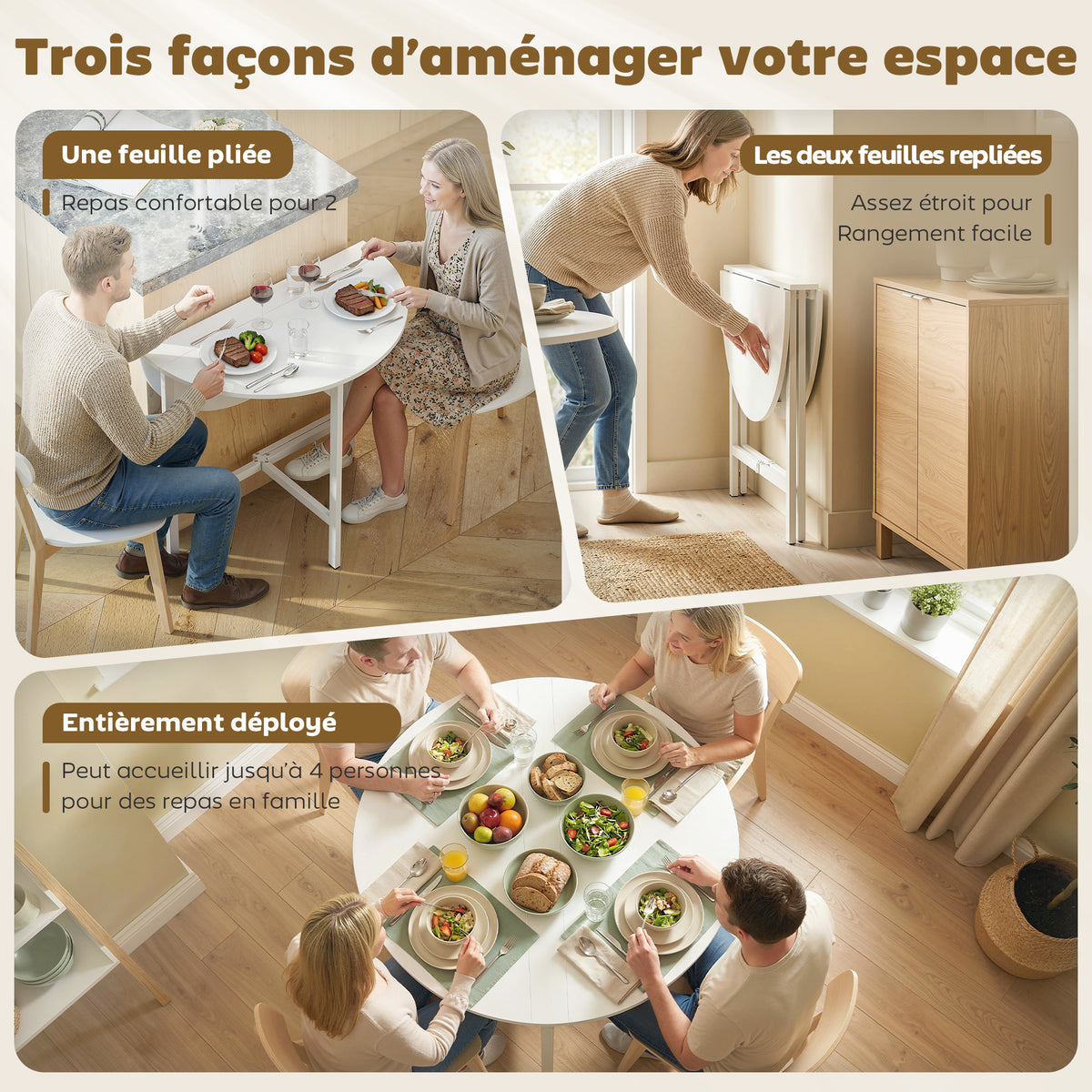 Table à manger pliante, table de cuisine ronde Ø 80 cm pour 4 personnes avec 2 abattants, pieds en acier, blanc-3