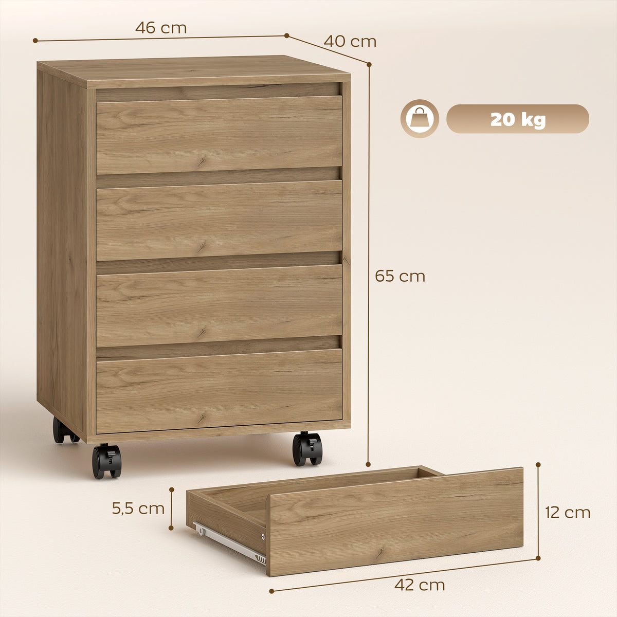 Caisson de bureau rangement bureau sur roulettes 4 tiroirs coulissants en bois aspect bois marron-2