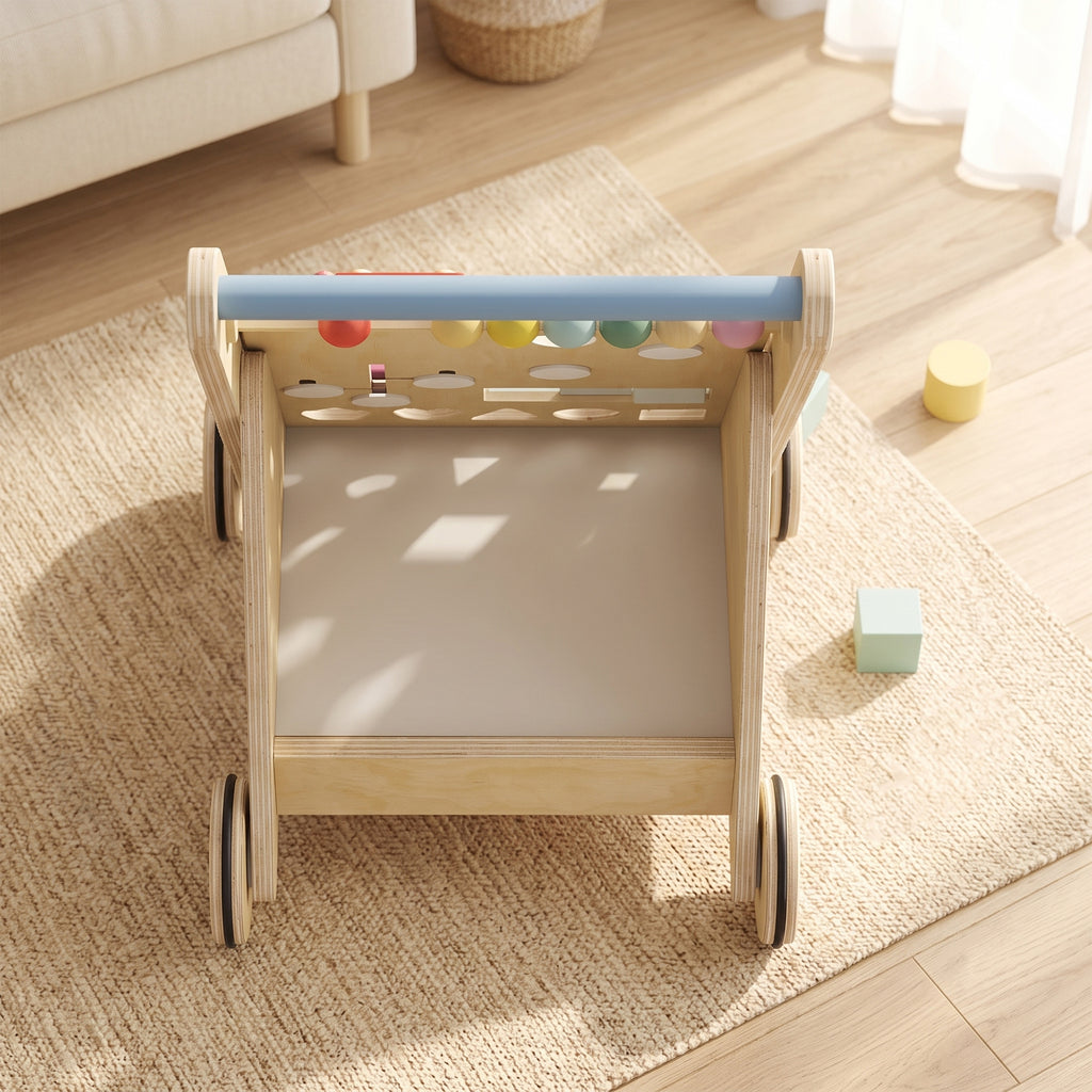 Trotteur Bebe en Bois, Chariot de Marche Bébé avec Centre d'Activités, Vitesse Réglable et 5 Blocs, dès 18 Mois, Naturel-9