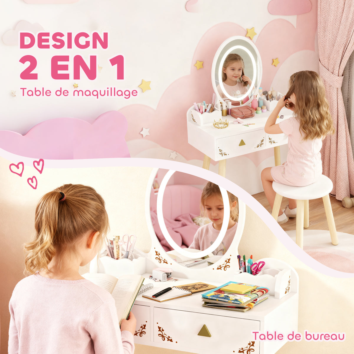 Coiffeuse pour enfant 2 en 1 bureau enfant fille avec miroir à LED 3 couleurs et tabouret 60x30x99,3 cm blanc-4