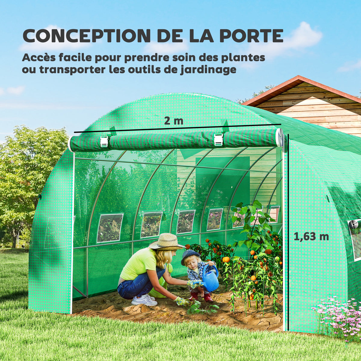 Serre de jardin tunnel 24m² 8L x 3l x 2H m - 16 fenêtres, Porte zippée enroulable acier galvanisé, bâche PE, Vert-4