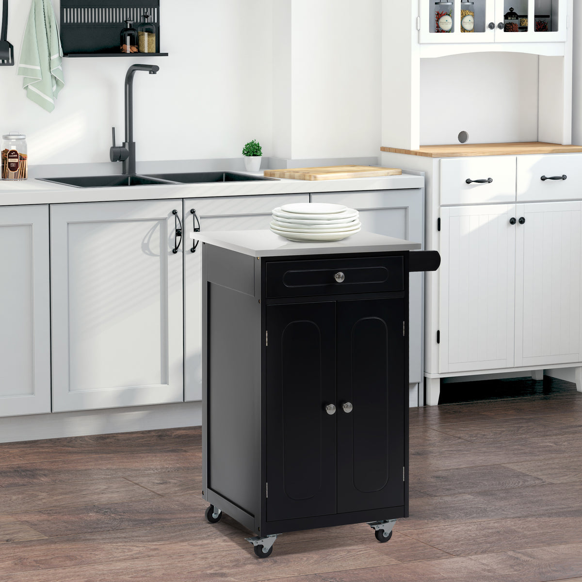 Chariot de service desserte de cuisine à roulettes multi-rangements 1 tiroir placard 2 portes avec étagère porte-torchons MDF noir acier inoxydable-1
