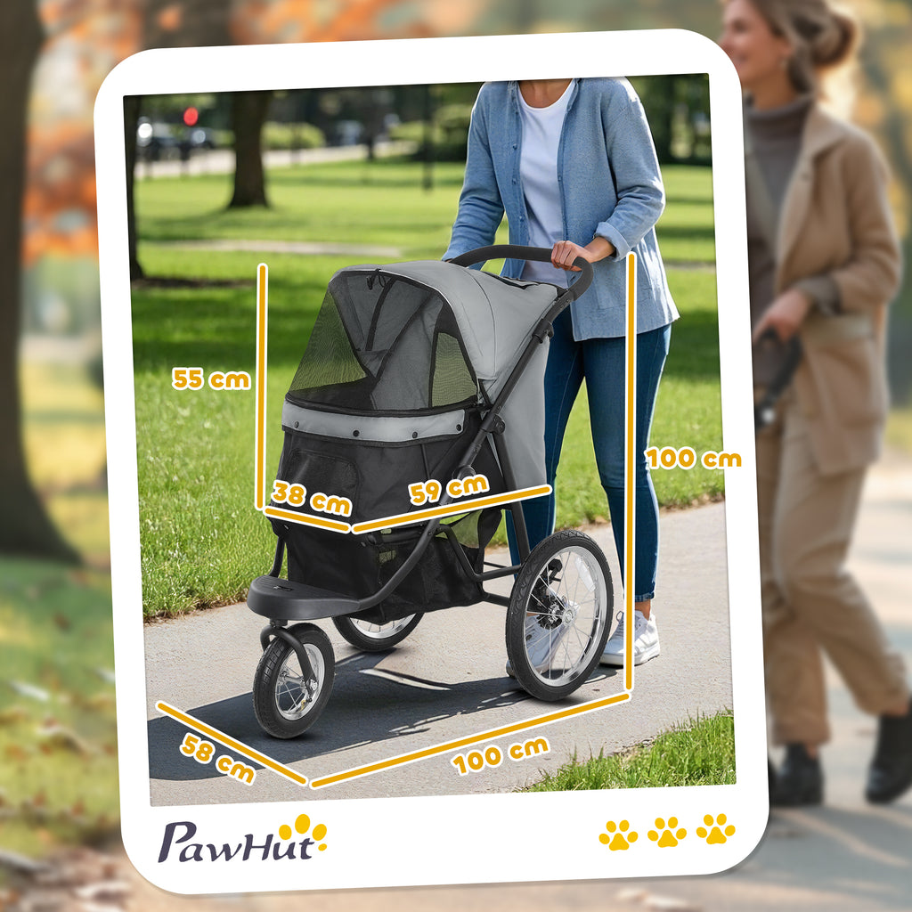 Poussette pour chien pliable avec panier de rangement, coussin lavable, roues en caoutchouc et auvent réglable, gris-2