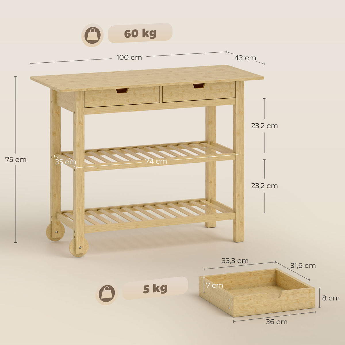 Desserte de cuisine à roulettes en bambou, chariot de cuisine avec 2 tiroirs, 2 étagères, 100 x 43 x 75 cm, bois naturel-2